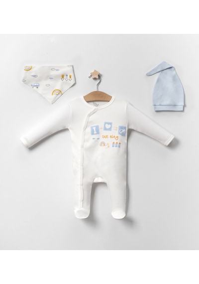 Babydonat Araba Desenli Mavi 4'lü Erkek Bebek Tulumu Mavi