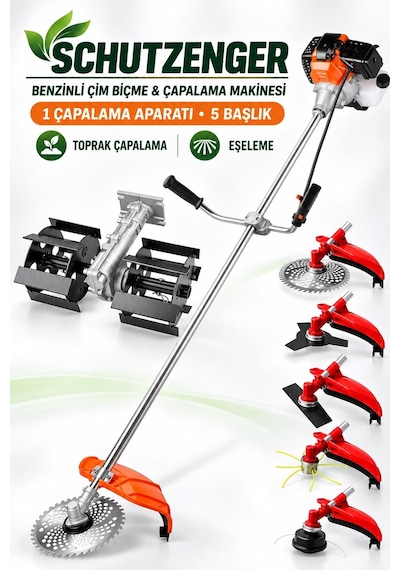 Schutzenger Hp-89 Benzinli Eleşeme Çapalama Makinesi Ot Çim Çalı Biçme Motoru Tüm Başlıklar Set Tarla Bahçe Seti