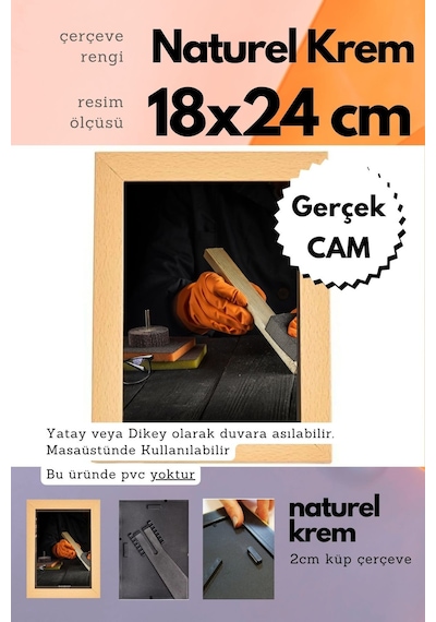 Krem-20mm Çerçeve Camlı 18x24 Cm Fotoğraf Resim Çerçevesi Ayaklı Veya Duvara Asma Yatay-dikey