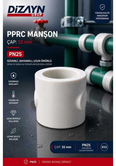 Dizayn Pprc Manşon 32 Mm 50 Adet Pn25 Temiz Su Tesisat Ek Parçası