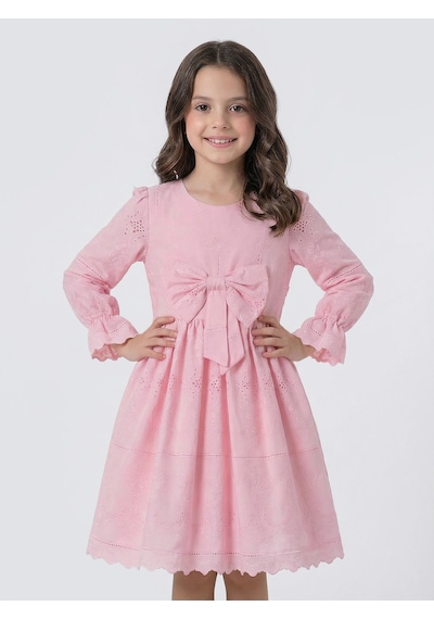 Pina Kids Kız Çocuk Uzun Kollu Önü Kurdelalı Fisto Elbise Pembe
