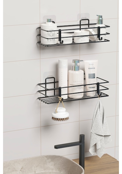 Yapışkanlı 2 Li Set Banyo Rafı Duş Şampuanlık Duvar Düzenleyici Organizer Siyah