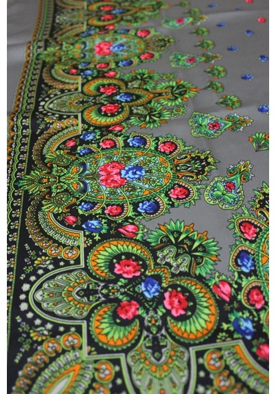Tikitonki Kare Kesim Etnik Çiçek Desenli Saten Gri Eşarp - 90x90 Gri Gri