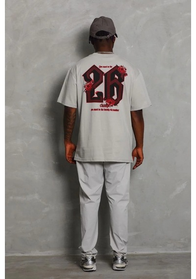 Erkek Kısa Kol Yazlık Tişört Bisiklet Yaka Baskılı Oversize T-shirt - Gri Gri