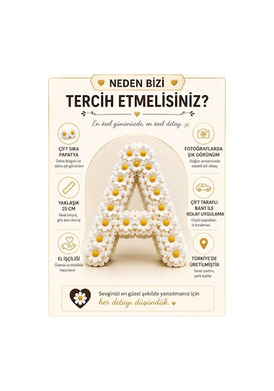 Kişiye Özel Gelin Arabası B Harfi Çift Sıra Papatya Süsü 25 Cm Tek Harf - 902365979 Diğer