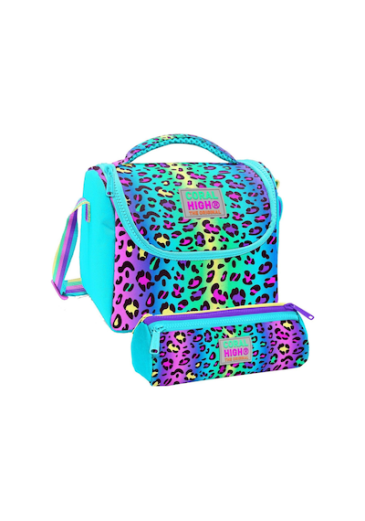 Coral High Kız Çocuk Yeşil Mor Leopar Thermo Beslenme Çantası Ve Üç Bölmeli Kalemlik Seti Çok Renkli