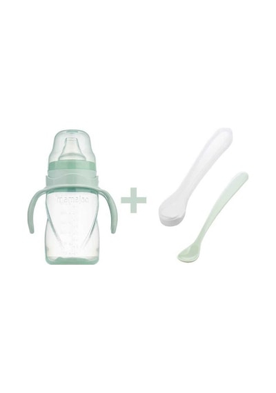 Mamajoo Kulplu Eğitici Bardak 270 ML & İkili Beslenme Kaşığı Açık Yeşil