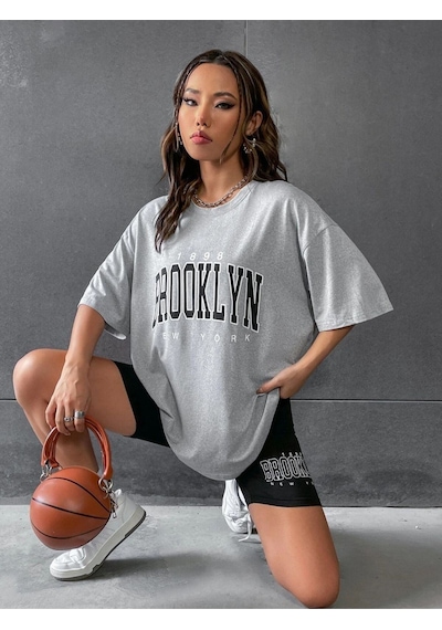 Flood Of Style Kadın Gri Brooklyn Bisiklet Yaka Tshirt