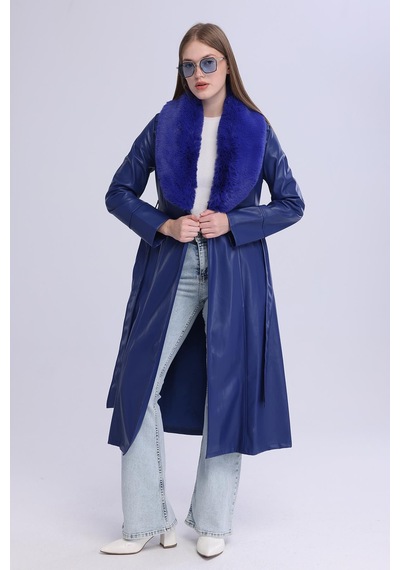Selectmoda Kadın Peluş Yaka Deri Görünümlü Uzun Kaban Lacivert