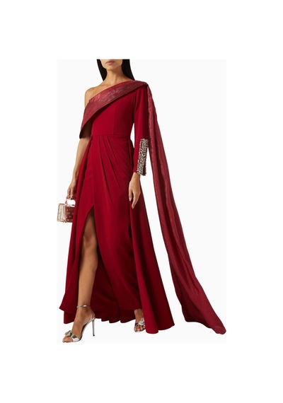 Ac By Aanchal Chanda Asymmetric Cape Gown Asimetrik Pelerinli Organze Kadın Elbise Kırmızı