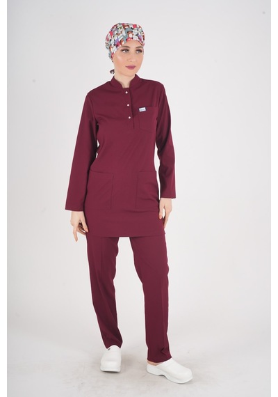 Bordo Renk Sakura Model Tesettür Doktor Hemşire Scrubs Üniforma Takımı Bordo