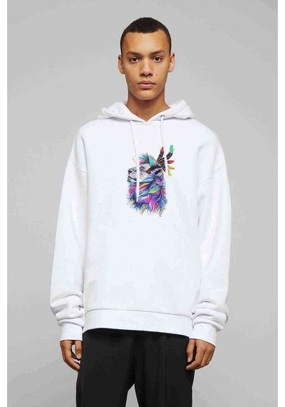 Kağıt Rengi Boyama Aslan Baskılı Beyaz Erkek Örme Sweatshirt