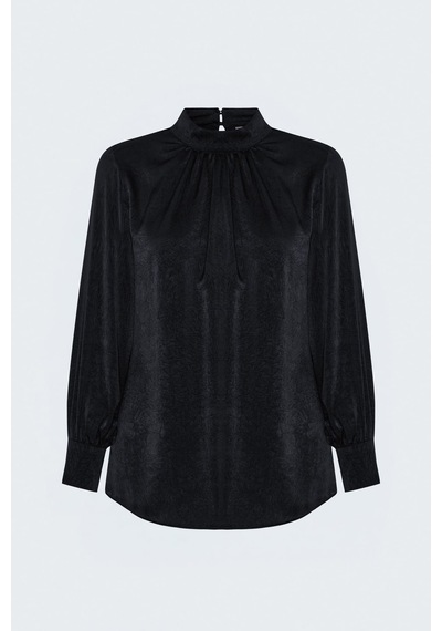 Sateen Uzun Kollu Bluz - Siyah-137967