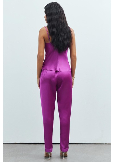 Brûleur Fuşya Degaje Yaka Askılı Uzun Saten Pijama Takımı Fuşya