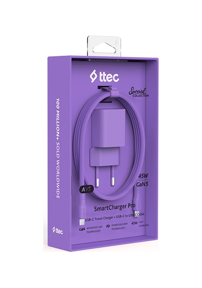 Ttec Smartcharger Gan 45W Avs PD Seyahat Hızlı Şarj Aleti + USB-C - USB-C 3A 120 CM Kablo Neon Mor