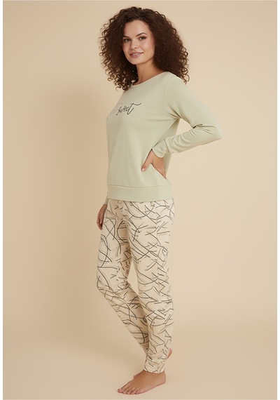 Luxury Thermal Be Sweet Yazılı Çizgili Desenli Kadın Polar Pijama Takımı 42040 Krem