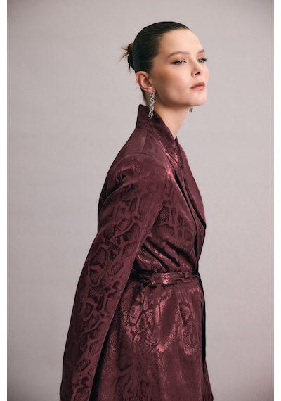 Sateen Yılan Desenli Uzun Ceket - Bordo-136439 Bordo