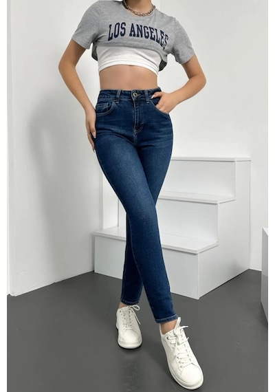 Kadın Lacivert Süper Skinny Fit Esnek Likralı Yüksek Bel Denim Jean Kot Pantolon Lacivert