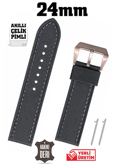24mm Antrasit Gri Spor Hakiki Deri Saat Kordonu Kayış Akıllı Pimli Rose Gold