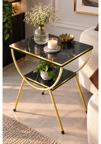 Sulorahome Yan Sehpa Komodin Siyah Mermer Desenli Gold Metal Ayaklı Siyah Mermer - Altın