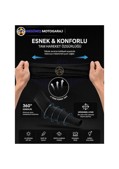 Akgüneş Motogaraj Motosiklet Kol Çorabı Uv Korumalı, Nefes Alan, Ter Tutmayan, Esnek Unisex Kol Kılıfı Siyah