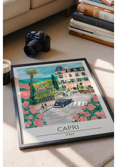 İtalya Capri Temalı Çerçeveli Tablo Travel Serisi Modern İllüstrasyon Ada Manzaralı Duvar Dekoru Siyah