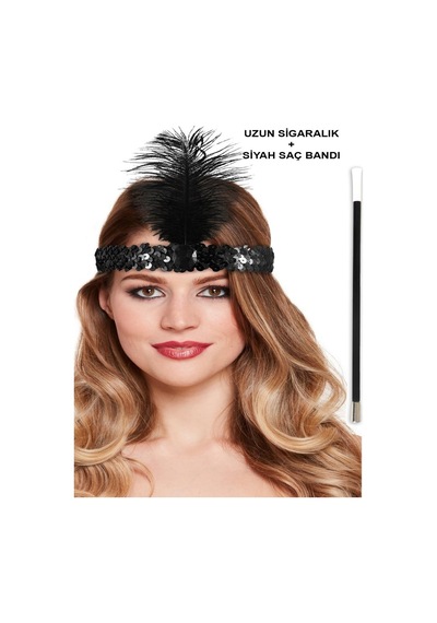 Gatsby Aksesuar Seti Siyah Charleston Saç Bandı & Sigaralık "