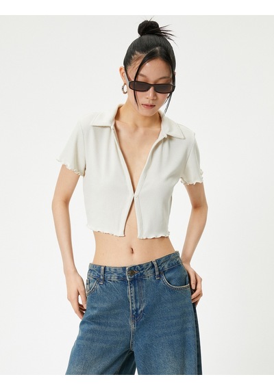 Koton Crop Polo Tişört Kısa Kollu Slim Fit Ekru 4sal10802ık Ekru