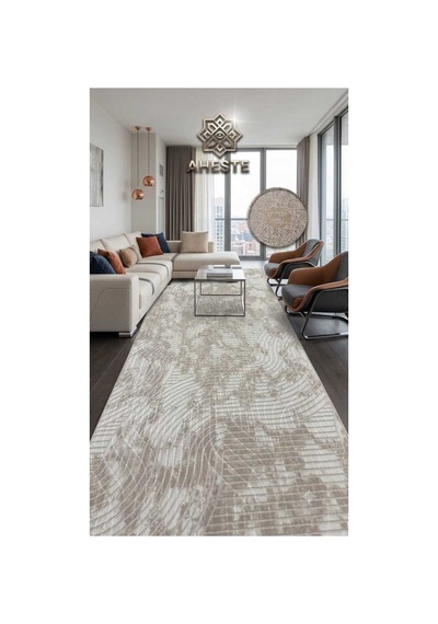 Nesrin Bej Kaymaz Taban Dekoratif Dokuma Halı Yolluk Mermer Desen Modern Salon Mutfak Halısı Krem