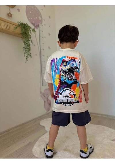 Miniko Kids Erkek Çocuk Jurassic Park Pamuk Şortlu Takım Ekru