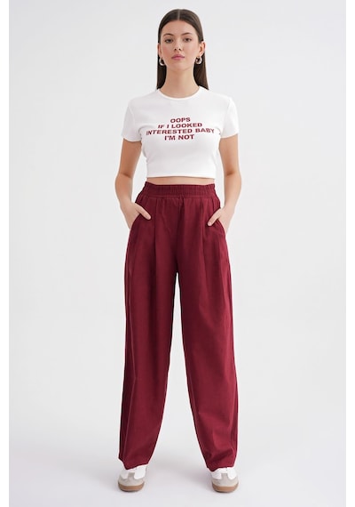 Mixray 4682 Kadın Beli Lastikli Jogger Bol Keten Pantolon Bordo