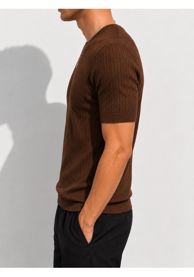 Ribana Erkek Kısa Kollu Bisiklet Yaka Esnek T-shirt 26022 Kahverengi