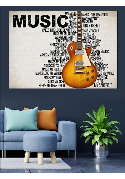 Müzik Yazılarıyla Çevrili Gitar Çizimi Dekoratif Kanvas - Mdf Ahşap Tablo