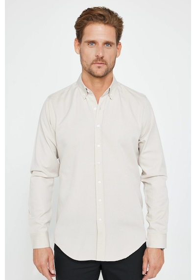 Tudors Erkek Slim Fit Dar Kesim Uzun Kollu Pamuklu Oxford Doku Taş Renk Düğmeli Yaka Gömlek-31028-taş Taş