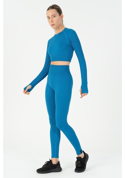 Maraton Slimfit Kadın Bisiklet Yaka Turkuaz Crop Top Turkuaz