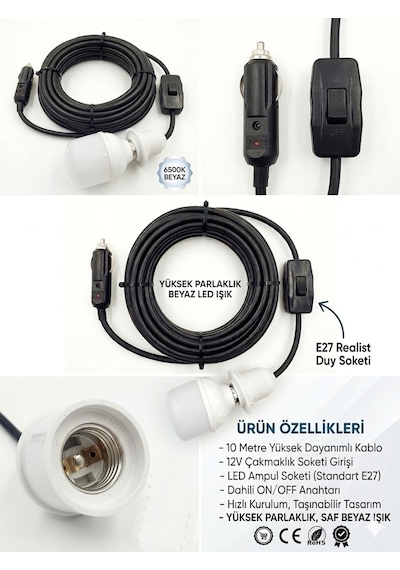 Araç Çakmak Girişli 30w 12v Led Ampul,lü E27 Duylu Anahtarlı Araç,karavan,kamp Seyyar Lamba 12/16a 2 X1,5mm Ttr Bakır 10 Mt-siyah