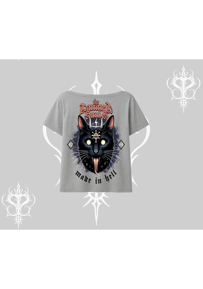 Tarzsokak Gothic Cat Made İn Hell Baskılı Sweatshirt Kayık Yaka Tshirt Gri