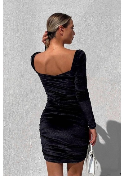 DefyModa Kadın Şık Kadife Kumaş Kalp Yaka Büzgülü Abiye Elbise Siyah