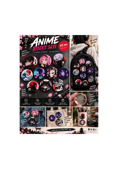 Kawaii Anime Rozet Seti 10'lu 44 Mm İğneli Rozet Anime Japon Karakter Rozetleri Çanta Ceket Aksesuar Diğer