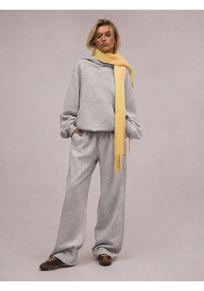 Macklin Unisex Kadın Erkek Baskısız Rahat Kalıp Oversize 3 İplik Kapüşonlu Hoodie Ve Baggy Eşofman Altı Gri Melanj