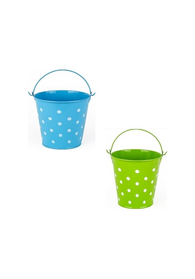 2 Pcs Vıp Decoratıve Green Blue Pail 2 Adet Saplı Metal Kova Puantiyeli Kova Mavi Kova Yeşil Kova
