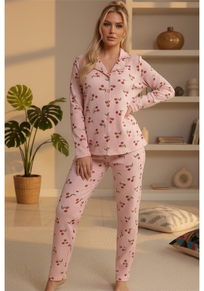 Siyah İnci Yumuşak Tuşe Kışlık Fitilli Düğmeli Pamuklu Örme Pijama Takım 7980 Somon Kiraz