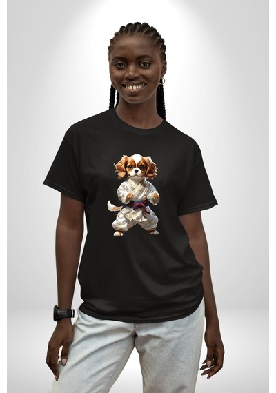 Cavailer King Charles Spaniel Karate Pamuklu Bisiklet Yaka Unisex Oversize Boyfriend Dijital Baskılı Siyah T-shirt Siyah