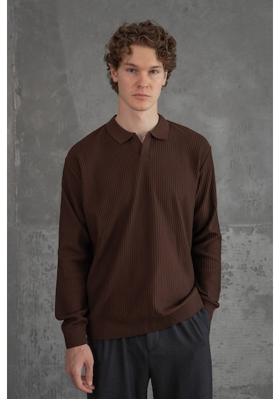 Erkek Polo Yaka Nopeli Oversize Triko Kazak Koyu Kahverengi