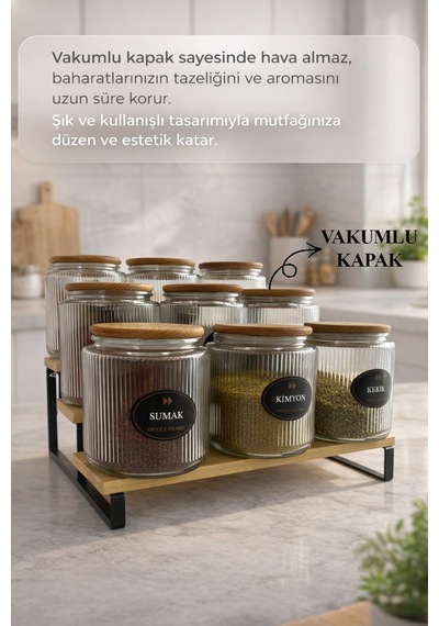 9'lu Bambu Stantlı Bambu Ahşap Vakumlu Kapaklı Cam Baharatlık Düzenleyici Şeffaf