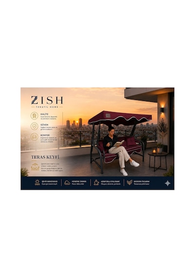 Zishtekstil Keten Kumaş Süngerli Gölgelikli 2 Kişilik Salıncak Minderi 8 Cm Bordo