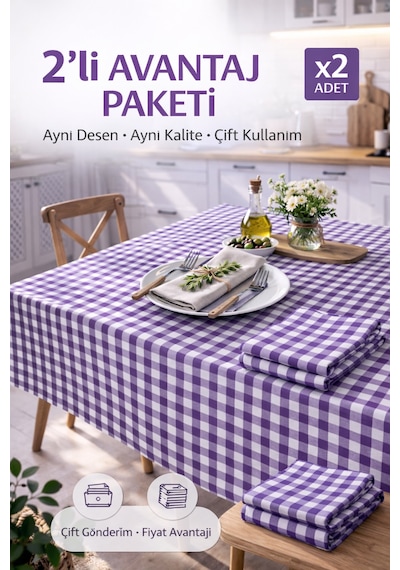 2'li Paket Küçük Kare Desen Pötikareli Masa Örtüsü, Sofra Bezi, Piknik Örtüsü 170 X 170 Cm Mor
