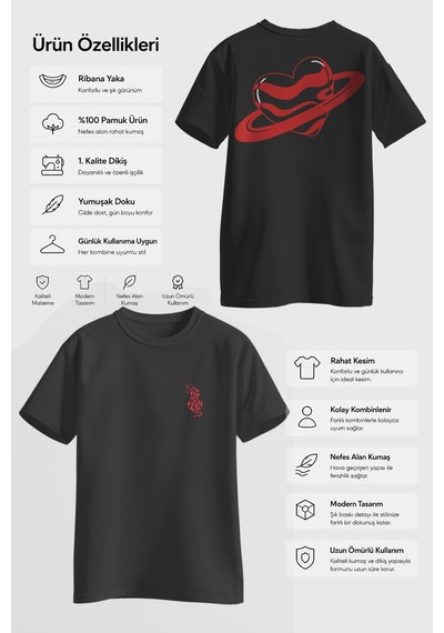 Spoyi Love Planet Tasarımlı %100 Pamuk Yarım Oversize Siyah T-shirt
