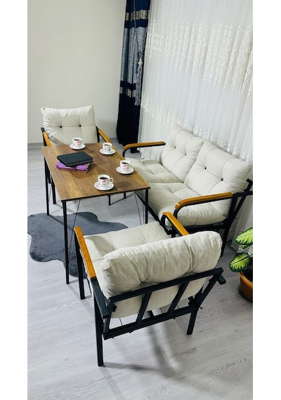 Madame Home Kadife Balkon, Bahçe,teras,cafe - Salon - Metal Kanepe Koltuk Takımı - 2+1+1 + Masa Krem