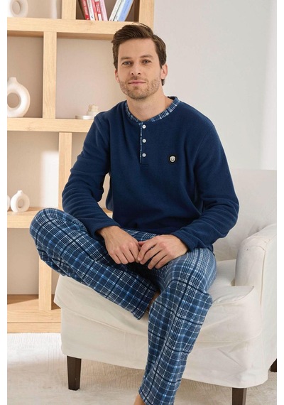 Pijamoni Erkek Düğme Yaka Kışlık Polar Pijama Takımı 6100/5,5 - 1 Adet Lacivert
